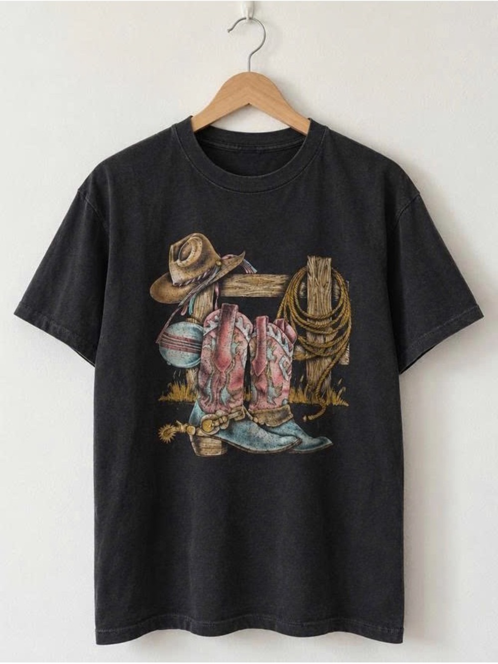 Black Short Sleeve Tee with Pink & Blue Cowboy Boots Graphic